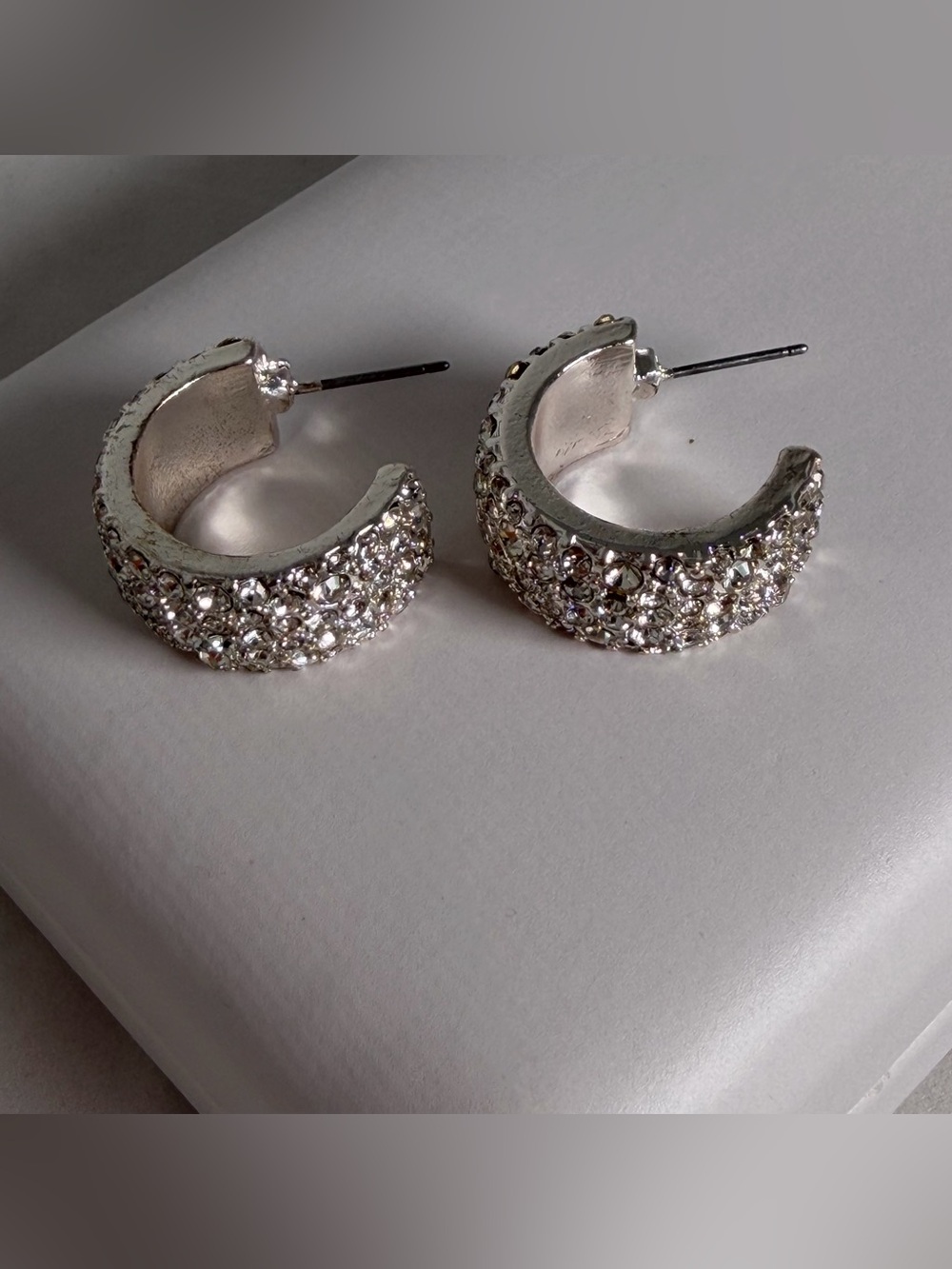 Silver Tone Pavé Rhinestone Statement Hoop Earrings Wide Encrusted Huggies